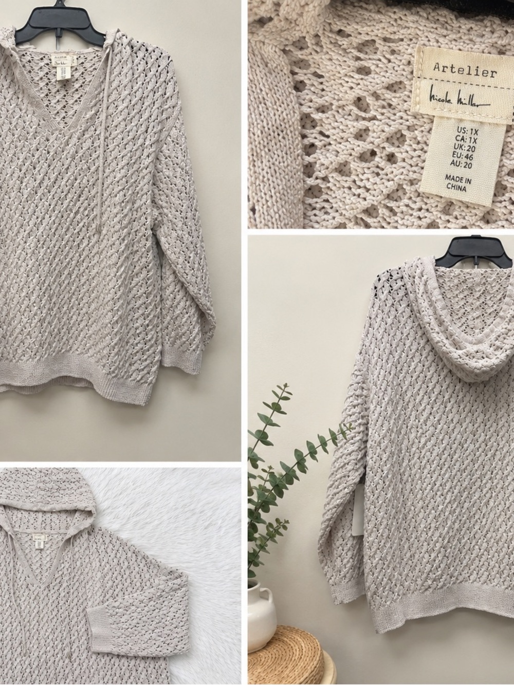 Nicole Miller Atelier Open Knit Hooded Sweater 1X Cream Crochet Pullover